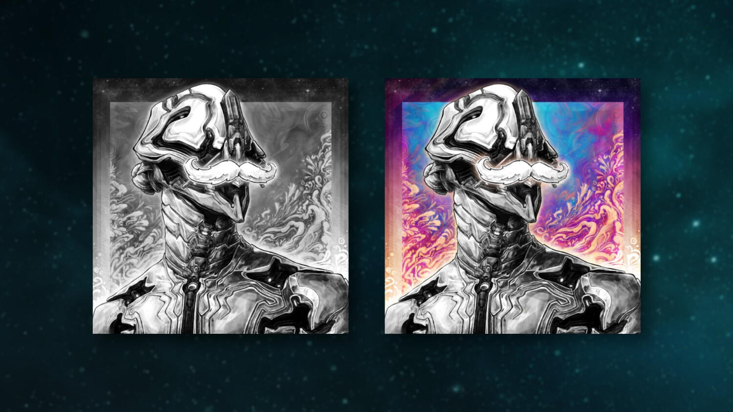 Digital Extremes-provided promotional asset of the two versions (black/white and colored) of my commissioned Movember 2025 Glyph illustration, featuring Baruuk with a fluffy mustache.