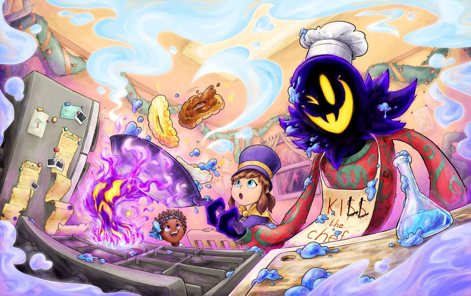 Gears for Breakfast 2025 gift box illustration, featuring Snatcher (right), Hat Kid (middle), and Bow Kid (left) from the video game A Hat in Time.