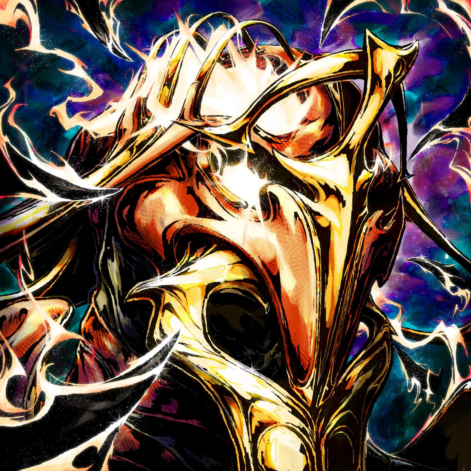 Colorful portrait illustration of Kullervo from Warframe, commissioned by Digital Extremes.