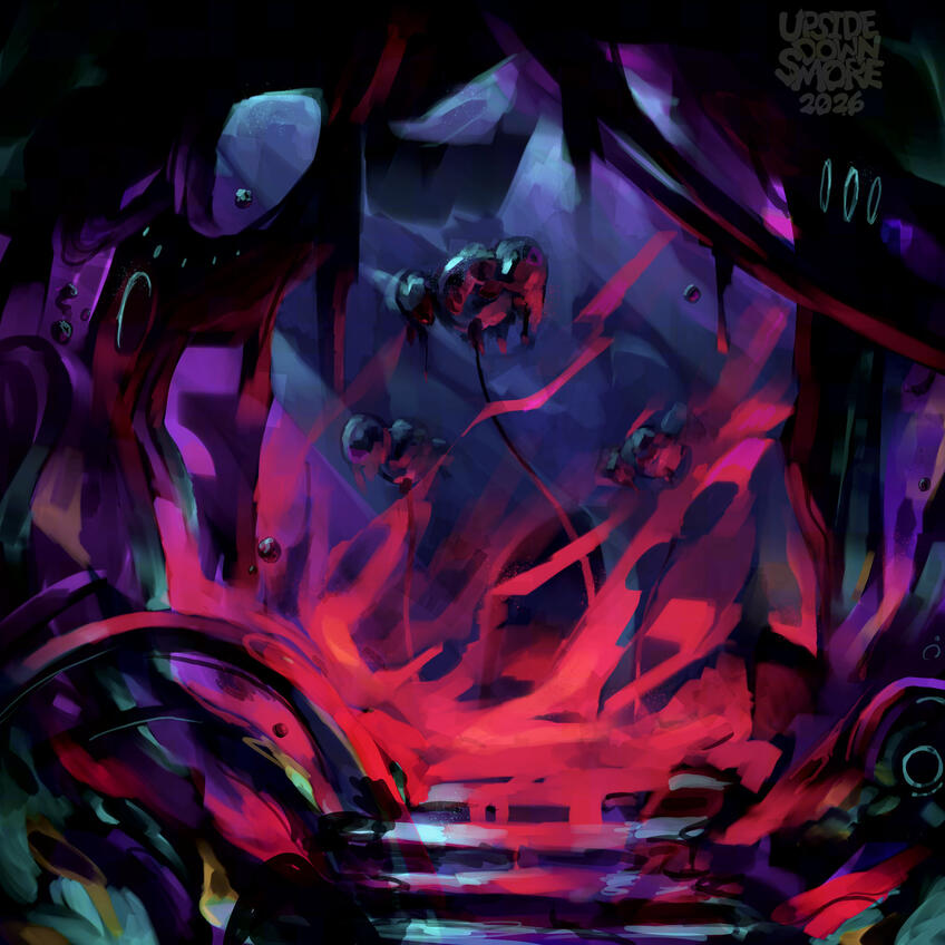 Digital sketch painting of the morphed inside of Vespa Relay in Warframe, ink drips from every surface and even floats. Three of Follie's balloons are floating amidst a rising red flame-like aura, a sign that she is nearby.