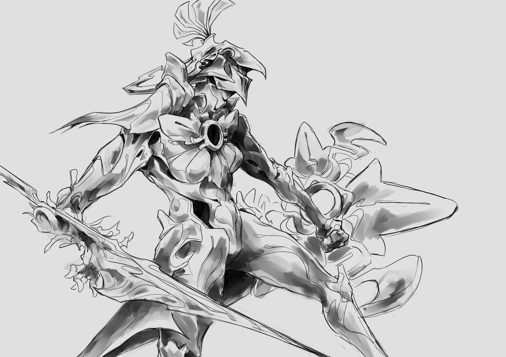 Shrike (rweress Warframe OC) art trade - WIP (lines and rendering)