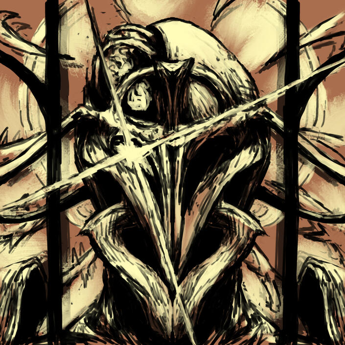 Idea sketch 3, showing a front-facing portrait of Kullervo behind bars with rays of light bursting from his eye and a halo of knives circling around his head.