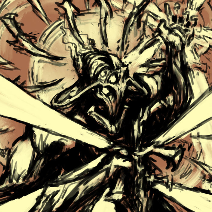 Idea sketch 2, showing a dynamically-posed Kullervo raising his left hand as beams of light burst from his chest and hand and a halo of knives radiate around his head.